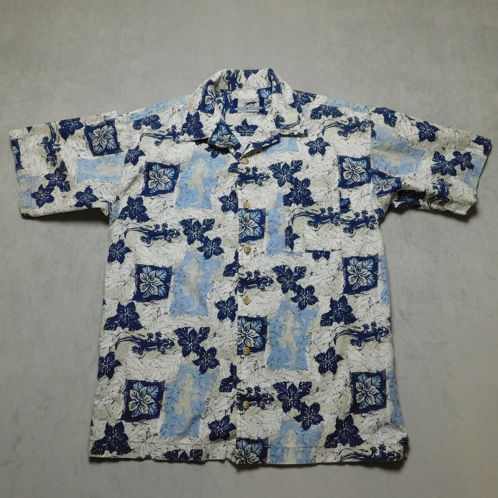 Gecko Hawaii Mens Blue White Hibiscus Gecko Batik Print Camp‎ Shirt Extra Large